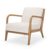Three-quarter perspective of the ivory Cashel chair showing the curved wooden armrests