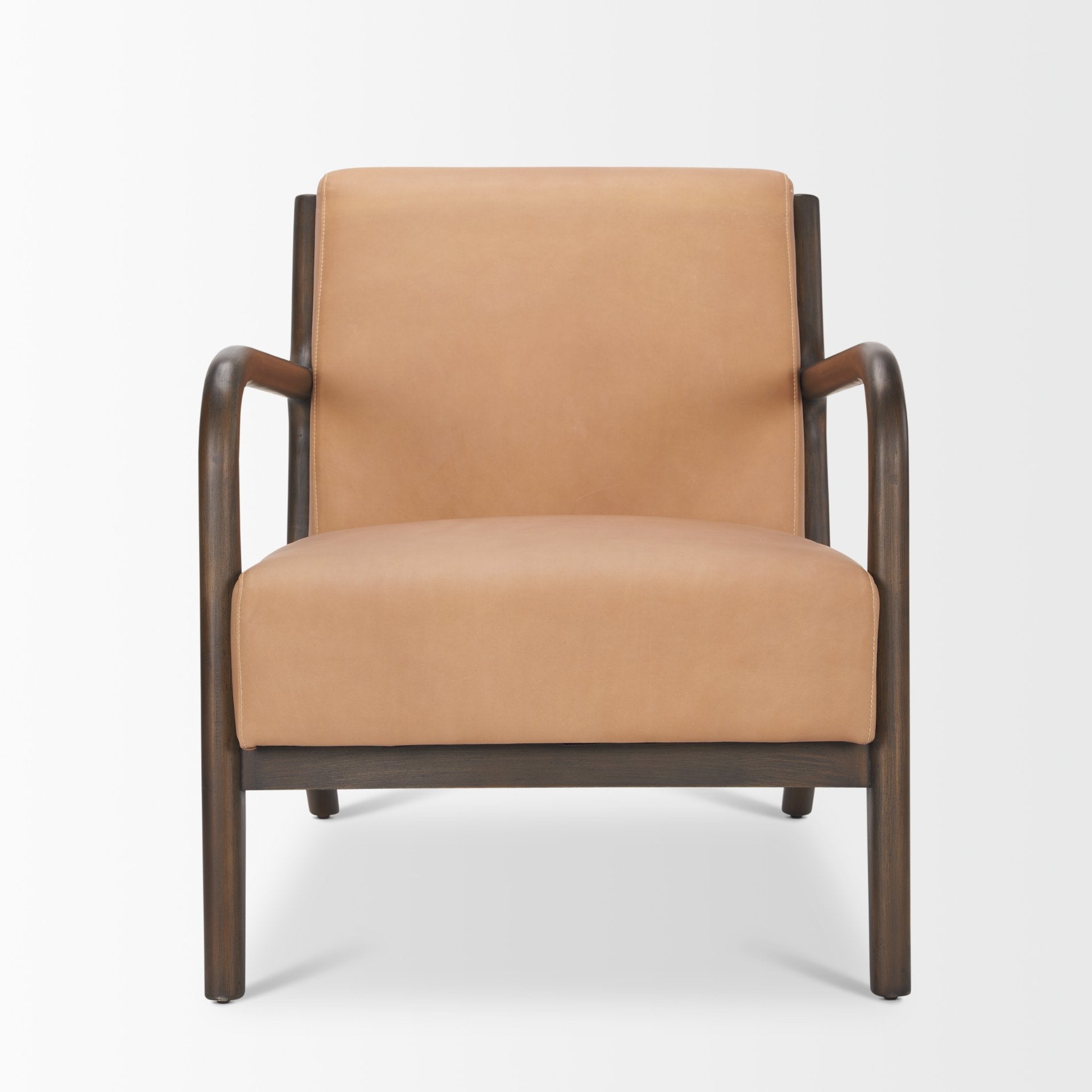 Straight-on front view of the tan Cashel chair highlighting the warm leather upholstery