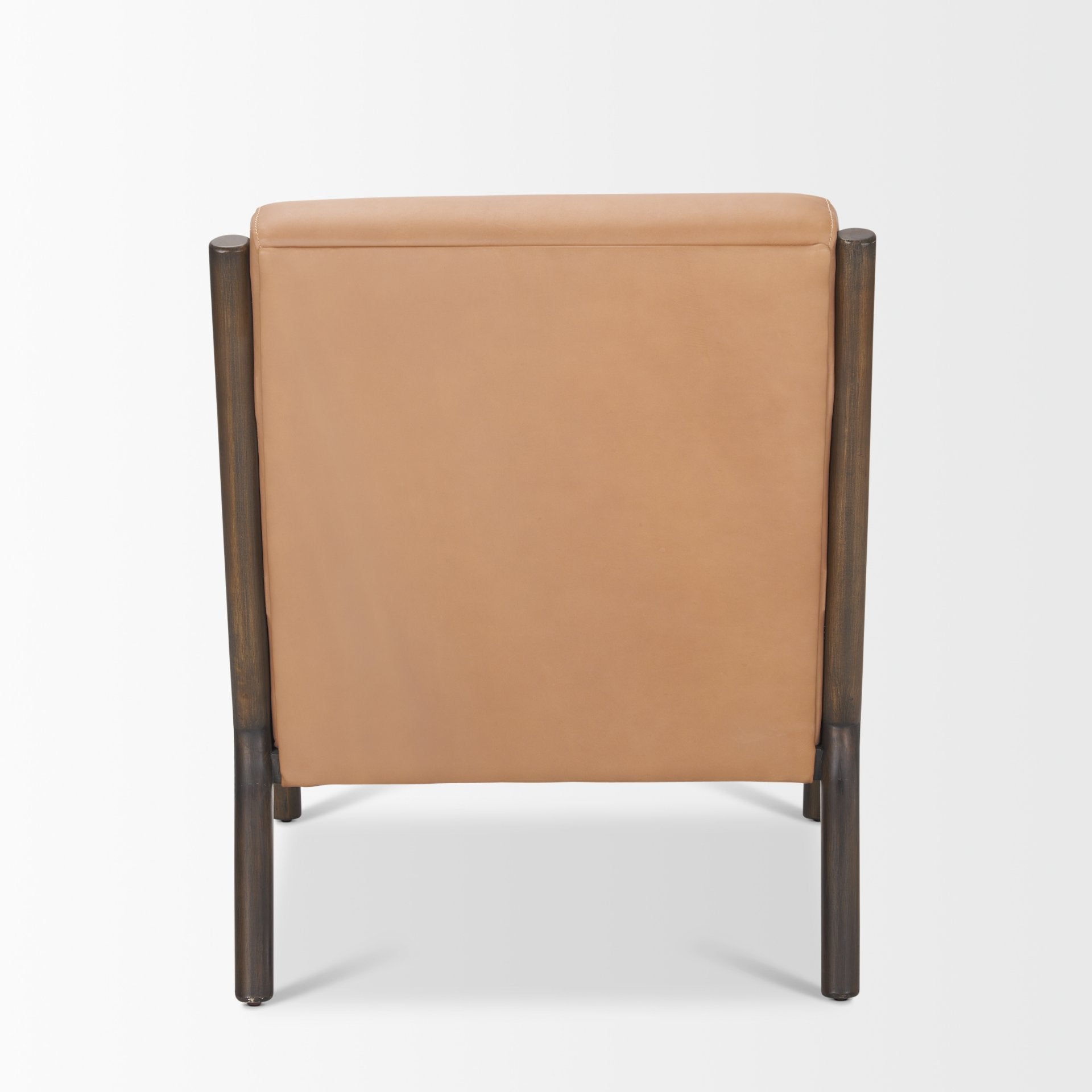Rear view of the tan Cashel chair showcasing the clean lines of the dark wood back support