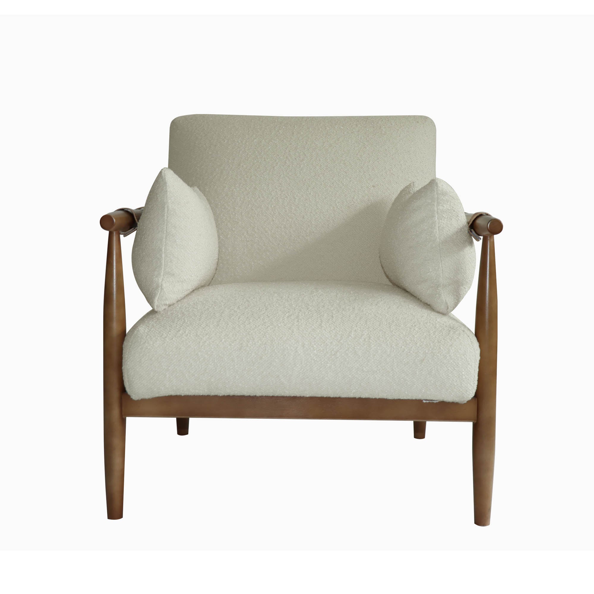 Front view of the Clarita Club Chair in Cloud Boucle fabric with a mid-century inspired oak wood frame