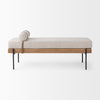 Front view of the Colburne bench featuring a beige linen-textured seat a natural wood base and black industrial metal legs