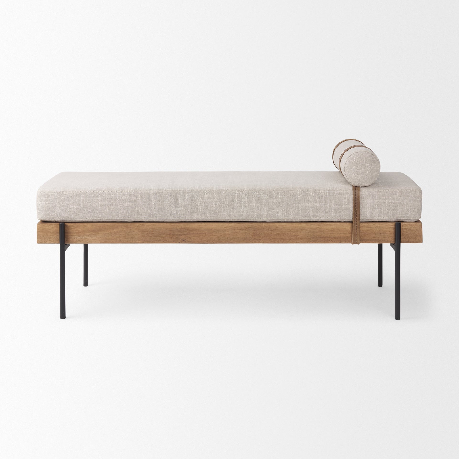 Front view of the Colburne bench featuring a beige linen-textured seat a natural wood base and black industrial metal legs