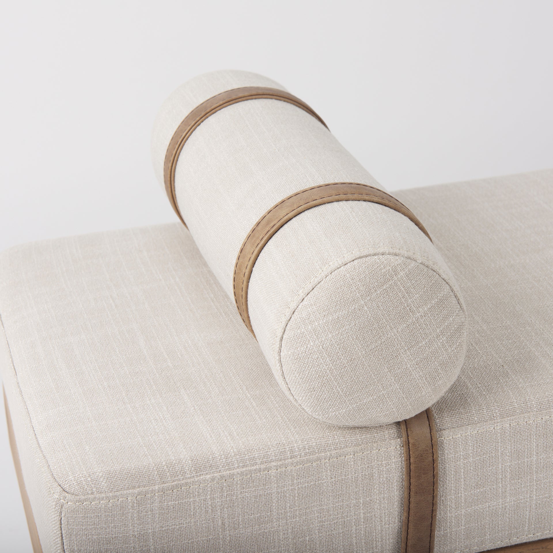 Front view of the Colburne bench featuring a beige linen-textured seat a natural wood base and black industrial metal legs