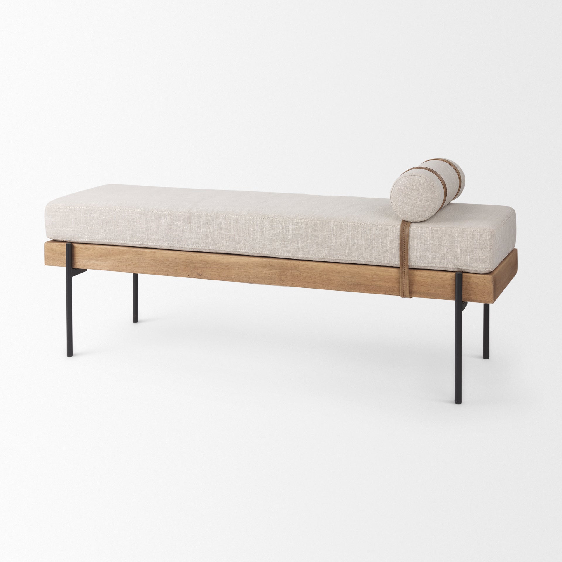 Front view of the Colburne bench featuring a beige linen-textured seat a natural wood base and black industrial metal legs