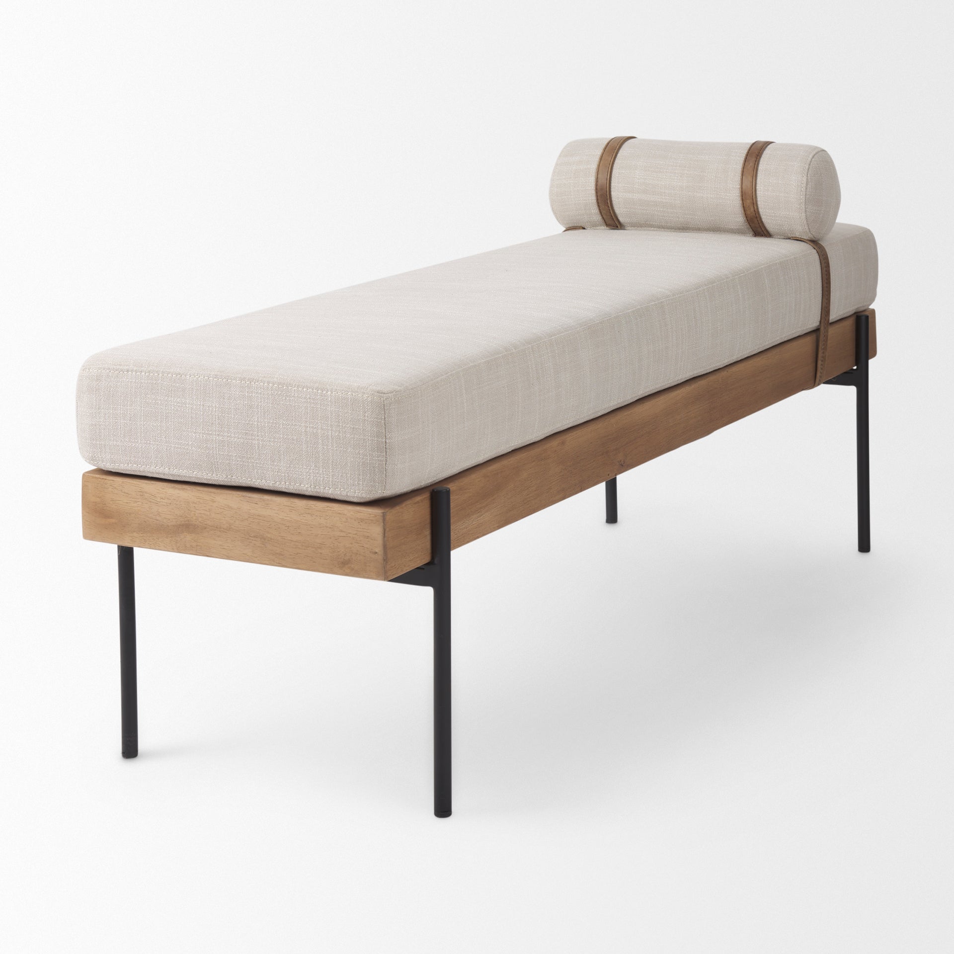Front view of the Colburne bench featuring a beige linen-textured seat a natural wood base and black industrial metal legs