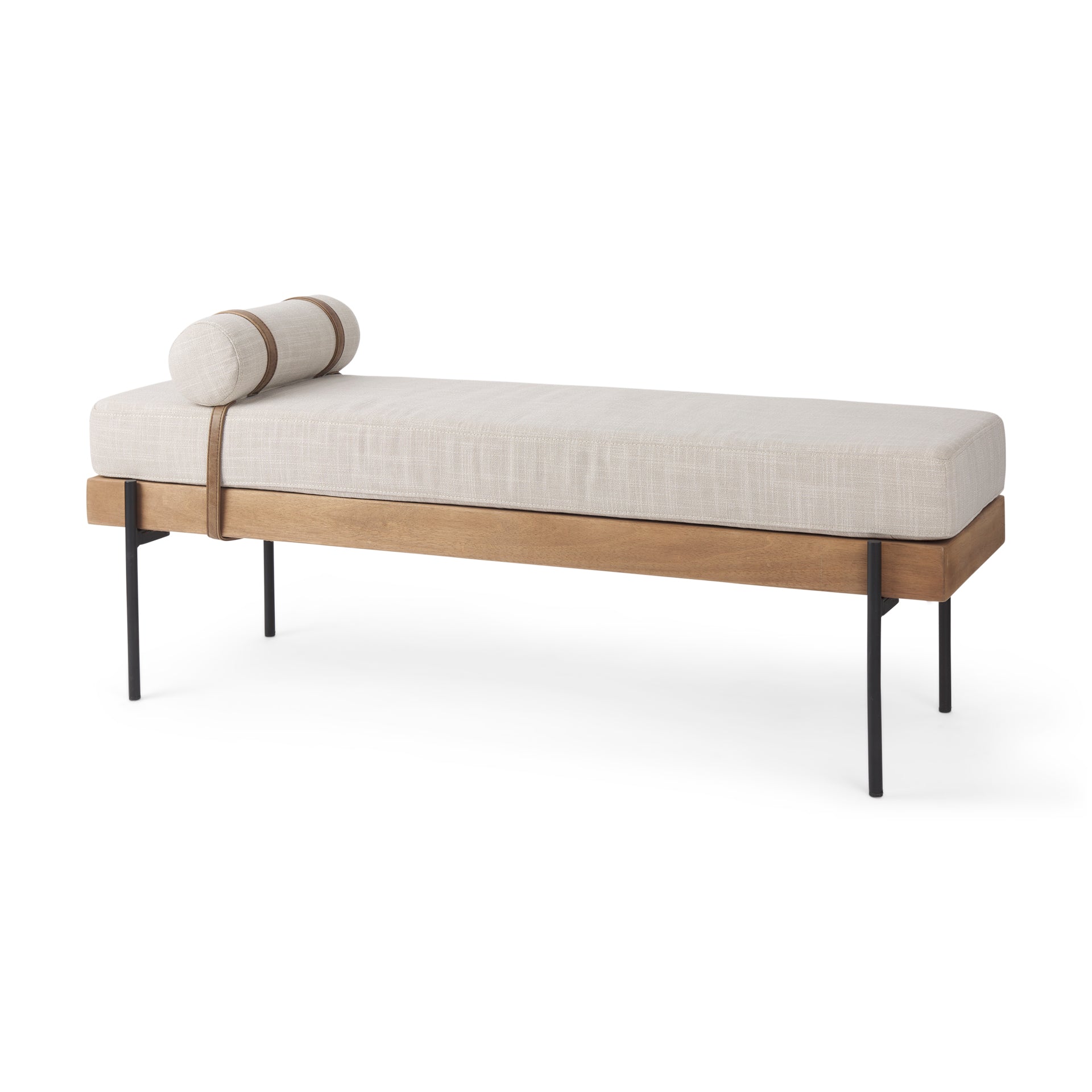 Front view of the Colburne bench featuring a beige linen-textured seat a natural wood base and black industrial metal legs