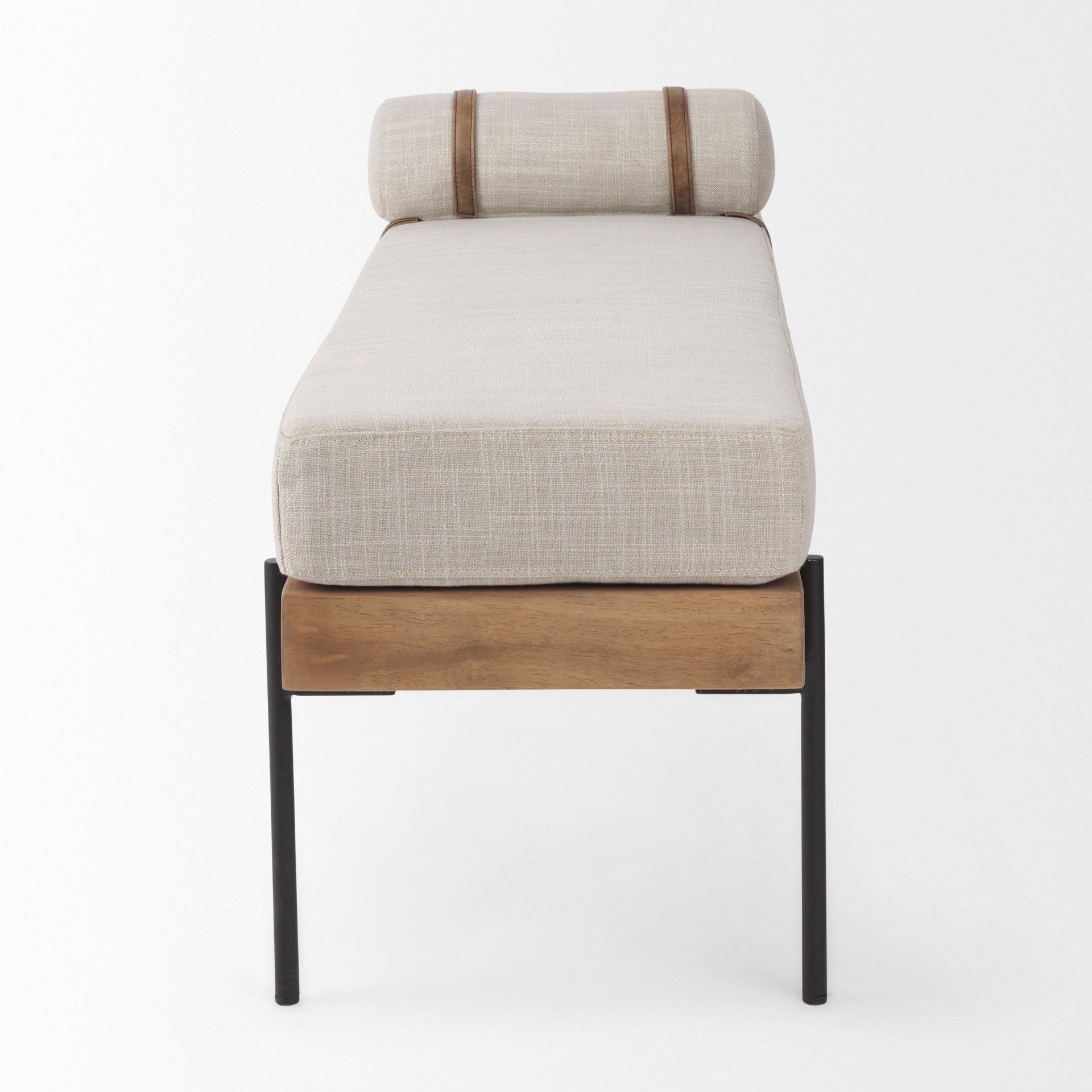 Front view of the Colburne bench featuring a beige linen-textured seat a natural wood base and black industrial metal legs