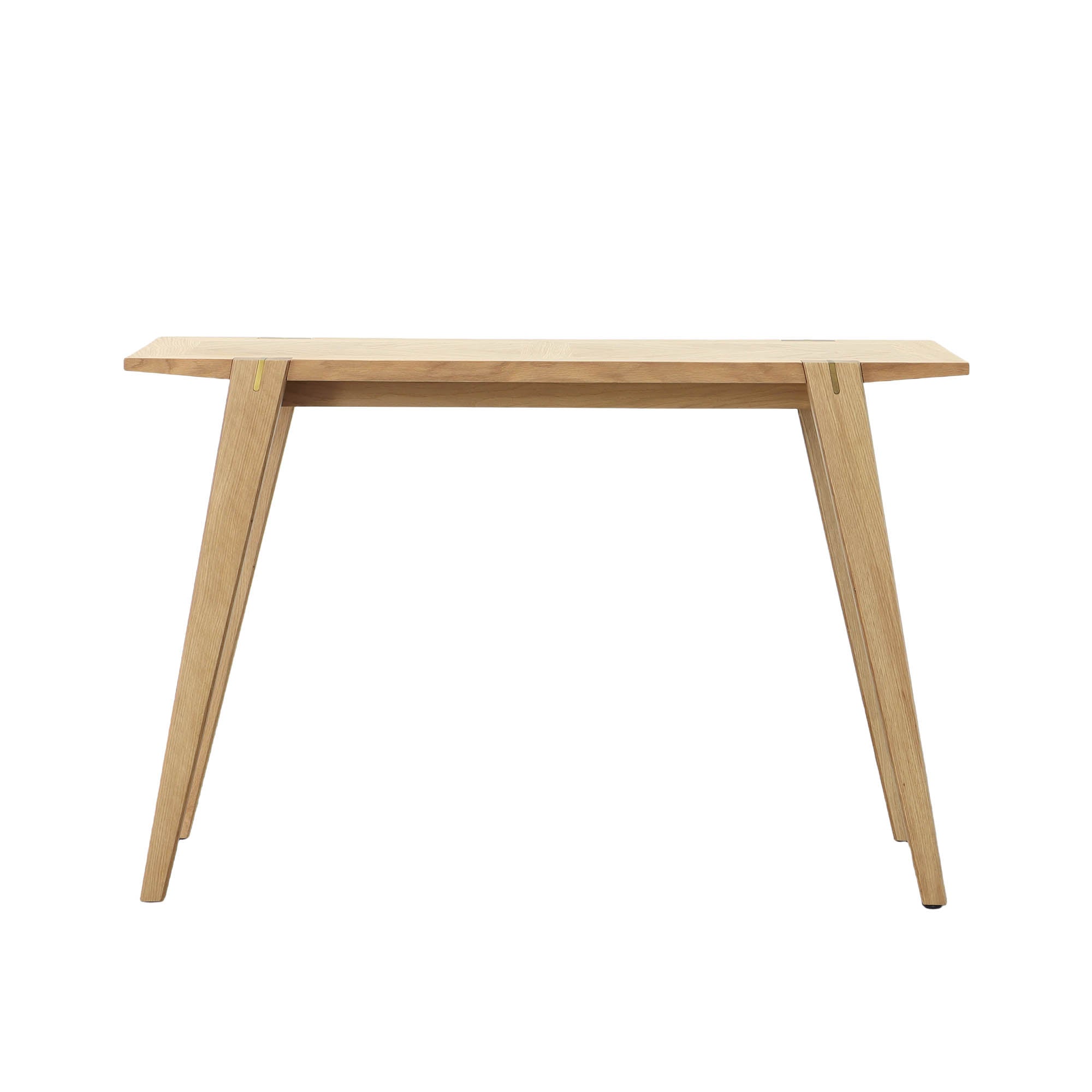 Front view of the Colton console table in natural oak featuring a minimalist design with slim tapered legs and exposed joinery