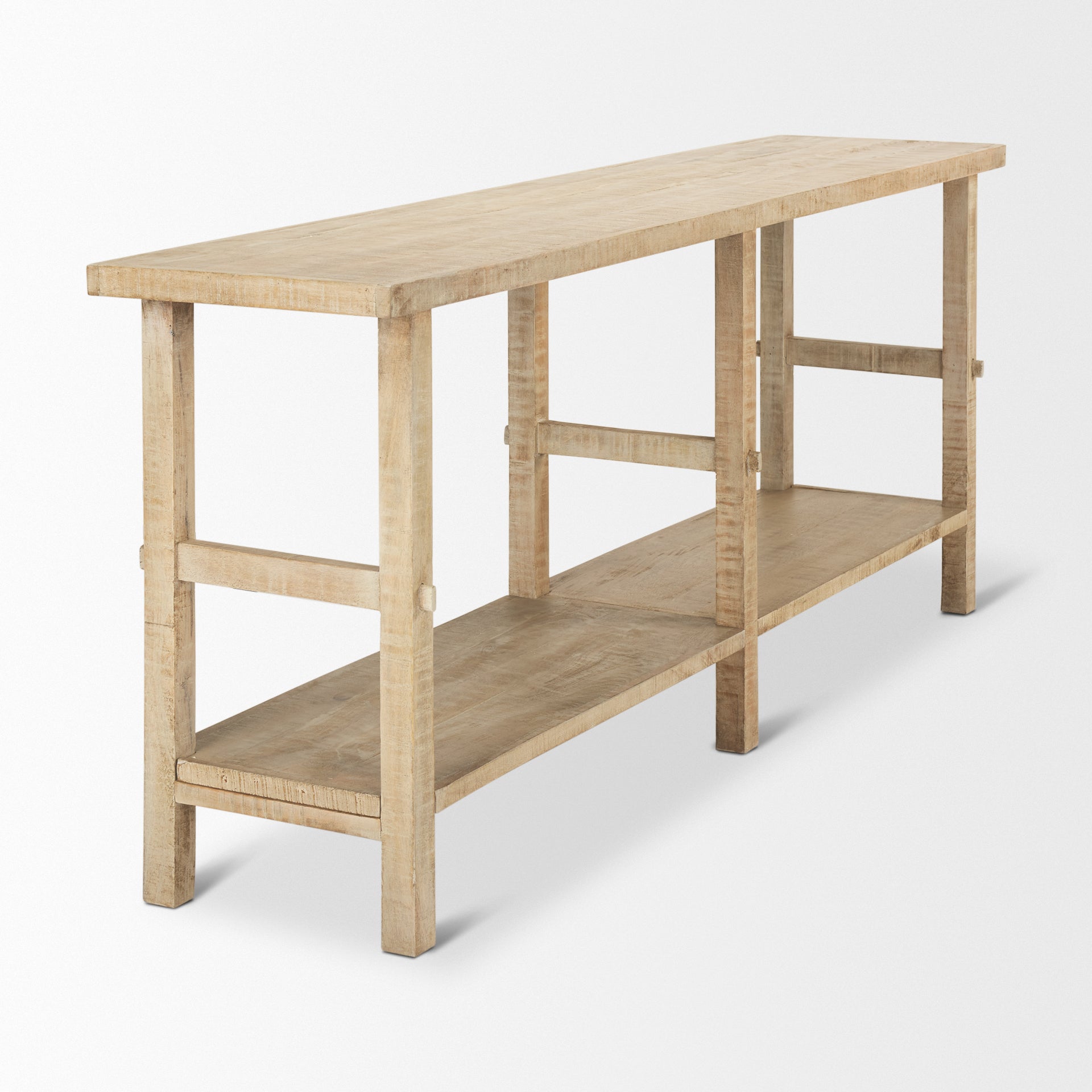 Front view of the Rosie console table in a light natural mango wood finish featuring a minimalist double-tier design