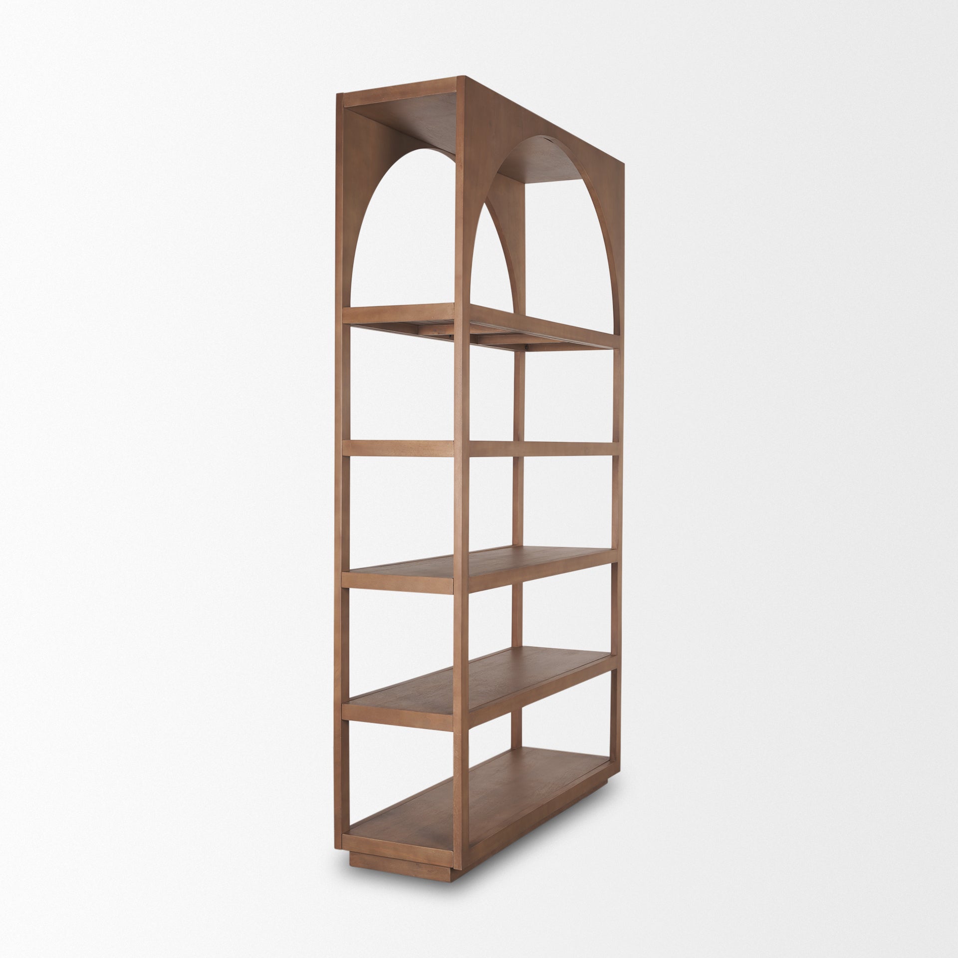 Straight-on front view of the Bela shelving unit featuring a tall architectural arch and five spacious open shelves in a warm natural wood finish