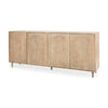 Three-quarter perspective view highlighting the clean architectural lines and the subtle honey-toned wood grain of the 4-door sideboard