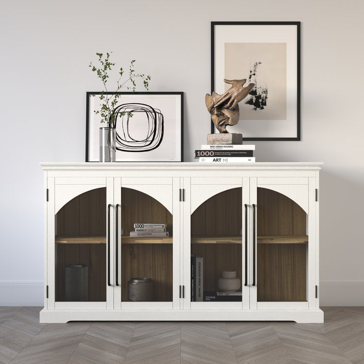 Straight-on front view of the Archdale accent cabinet in a weathered grey finish featuring four arched glass-front doors