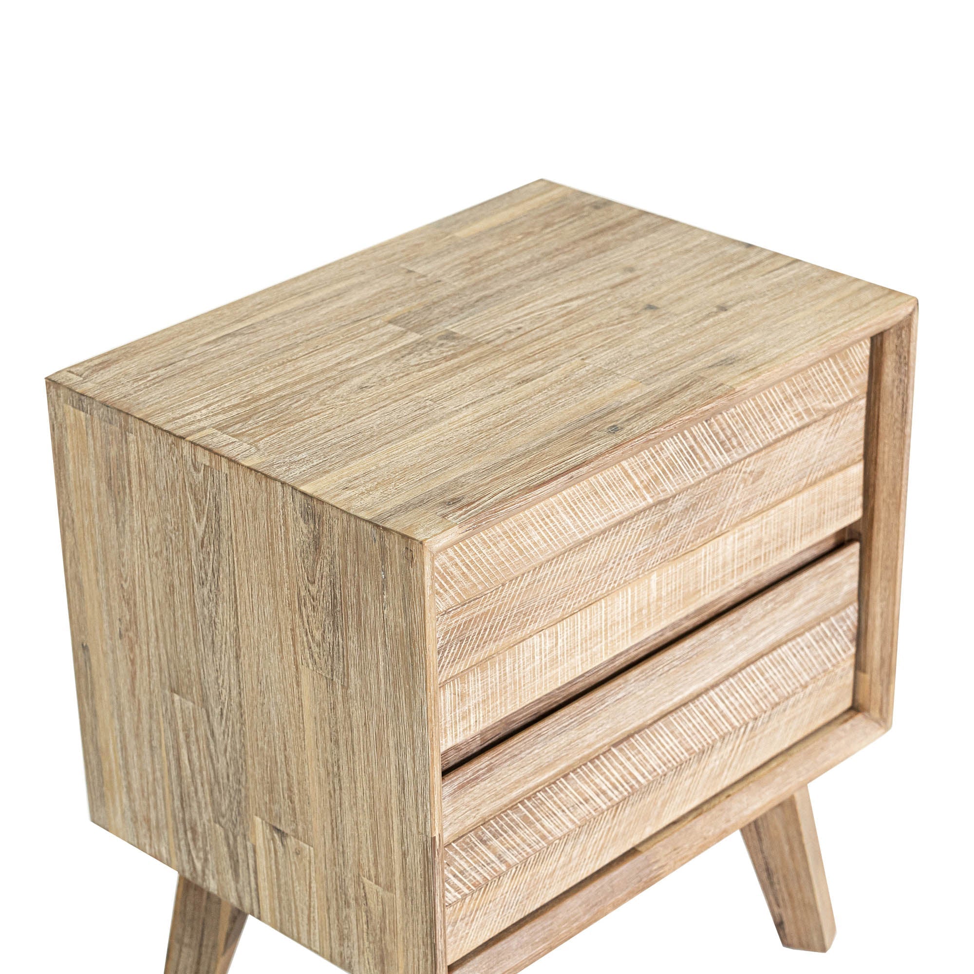 Front view of the Gia 2-drawer nightstand featuring a weathered light oak finish and architectural tapered solid wood legs