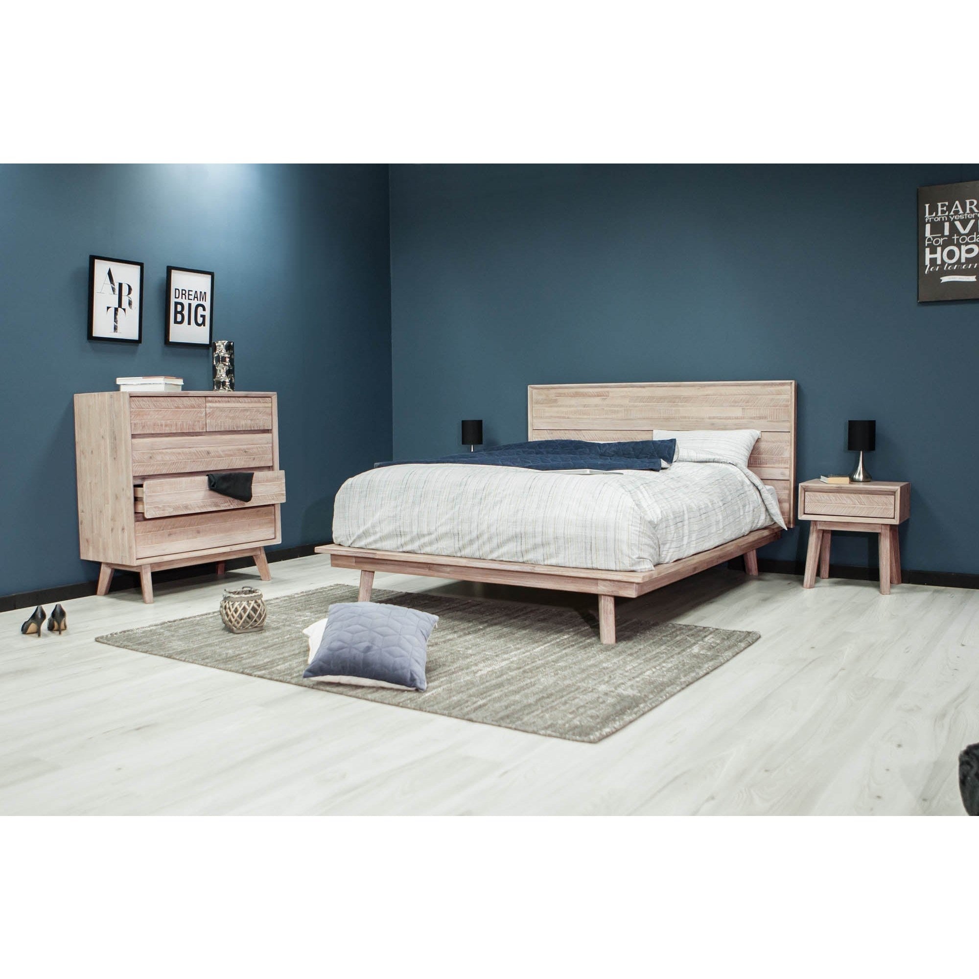 Front view of the Gia platform bed featuring a clean-lined headboard with horizontal wood planks in a weathered light oak finish