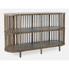 Three-quarter perspective view highlighting the elegant curved edges and the spacious double-tier open shelving for display