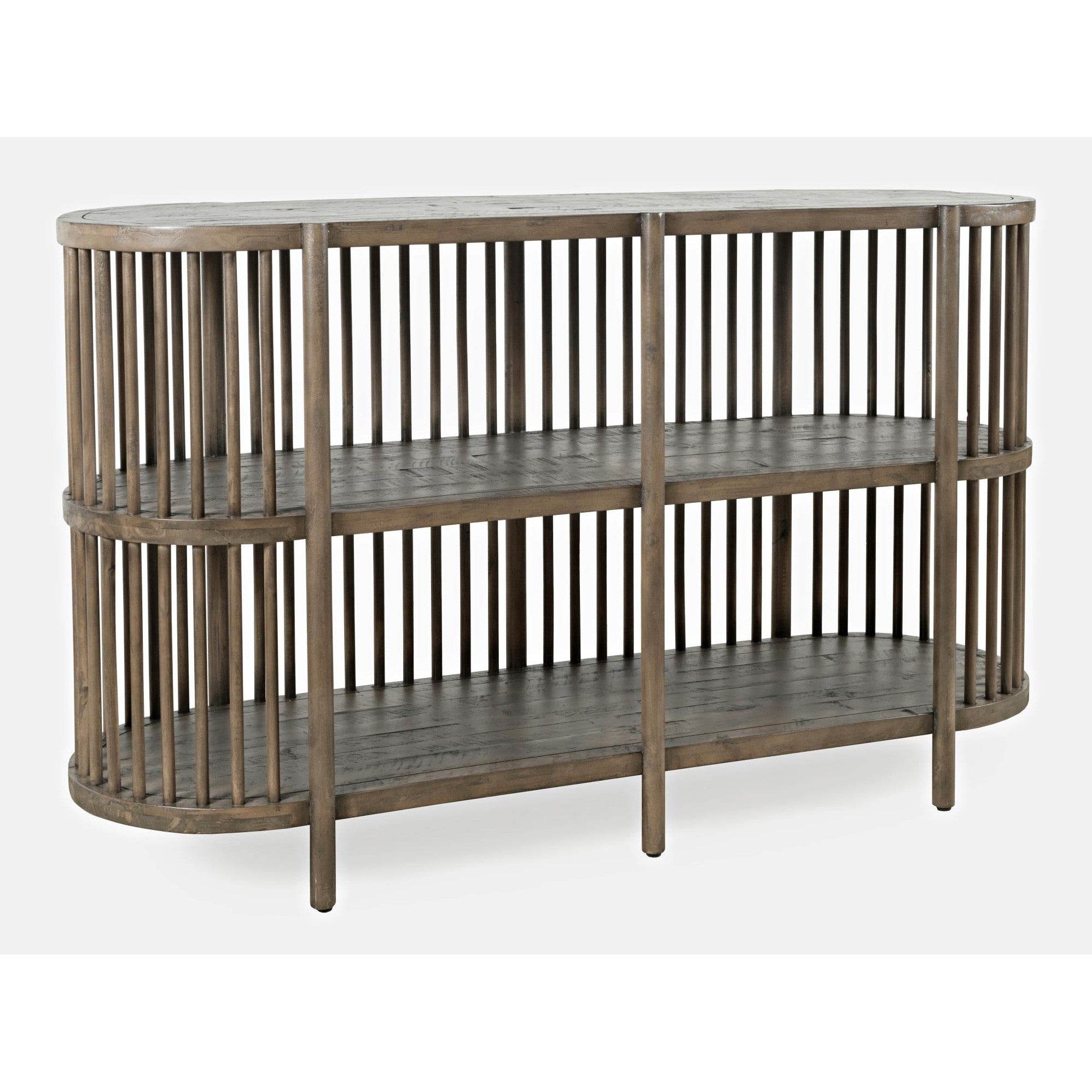 Front view of the Rhapsody 54-inch accent console in a chestnut finish featuring a curved oval silhouette and vertical wood slat design