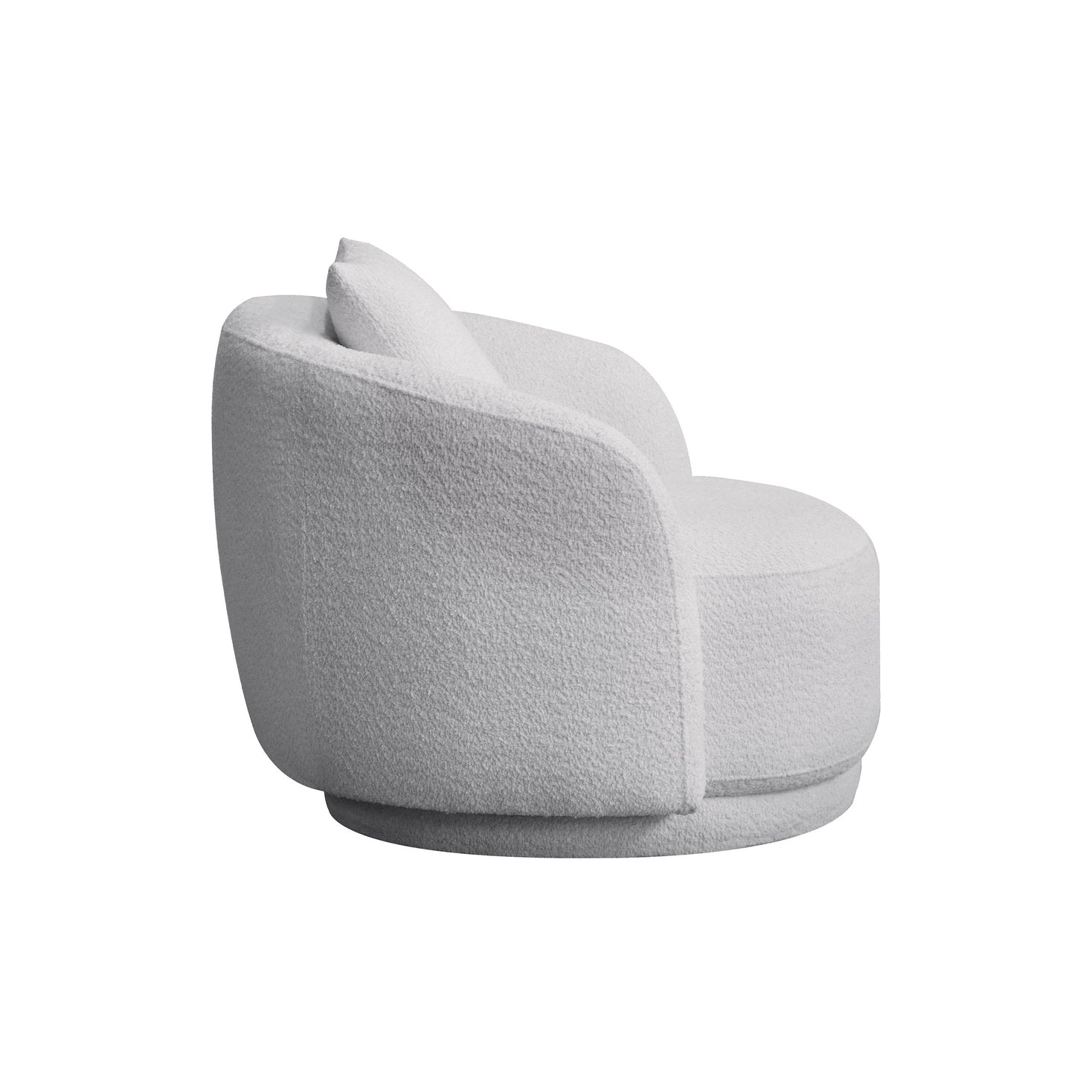 Front view of the Delano Accent Chair in white bouclé fabric featuring a deep circular seat and matching lumbar pillow