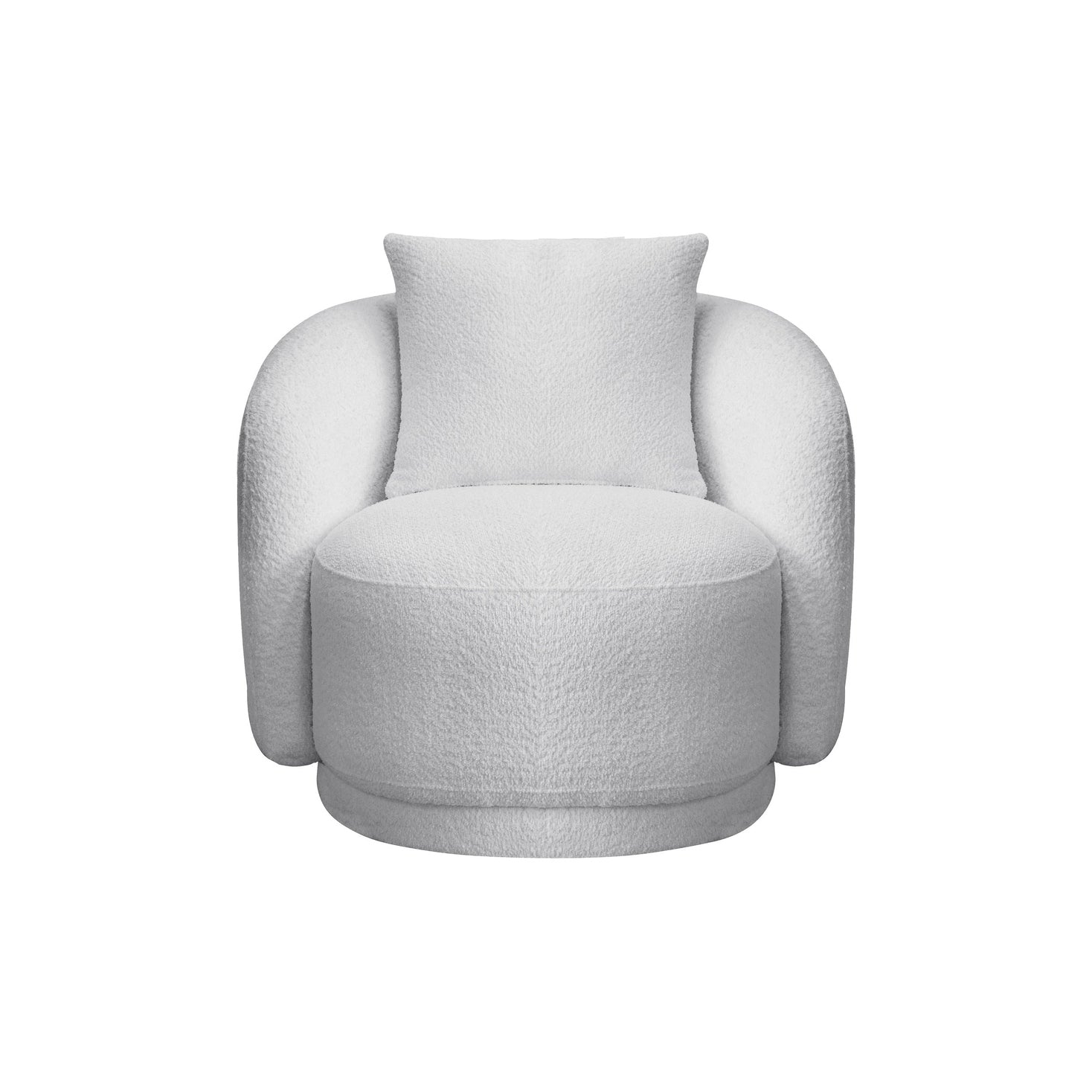 Front view of the Delano Accent Chair in white bouclé fabric featuring a deep circular seat and matching lumbar pillow