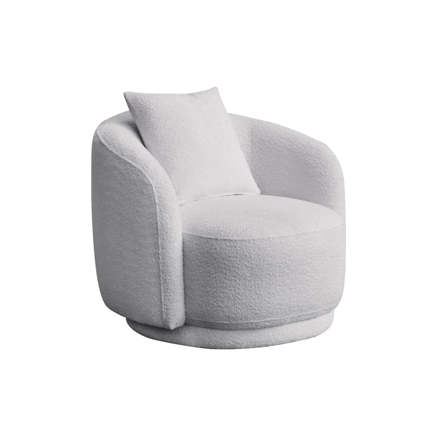 Front view of the Delano Accent Chair in white bouclé fabric featuring a deep circular seat and matching lumbar pillow