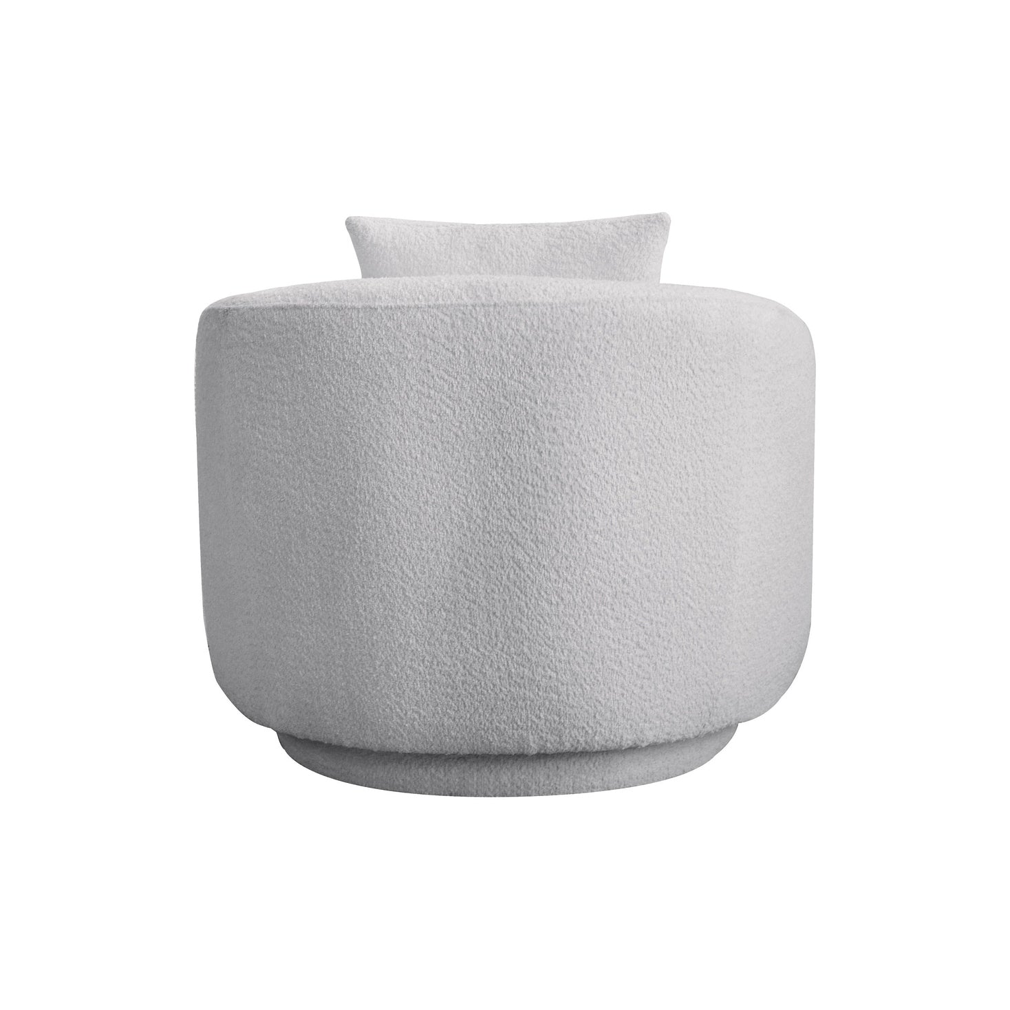 Front view of the Delano Accent Chair in white bouclé fabric featuring a deep circular seat and matching lumbar pillow