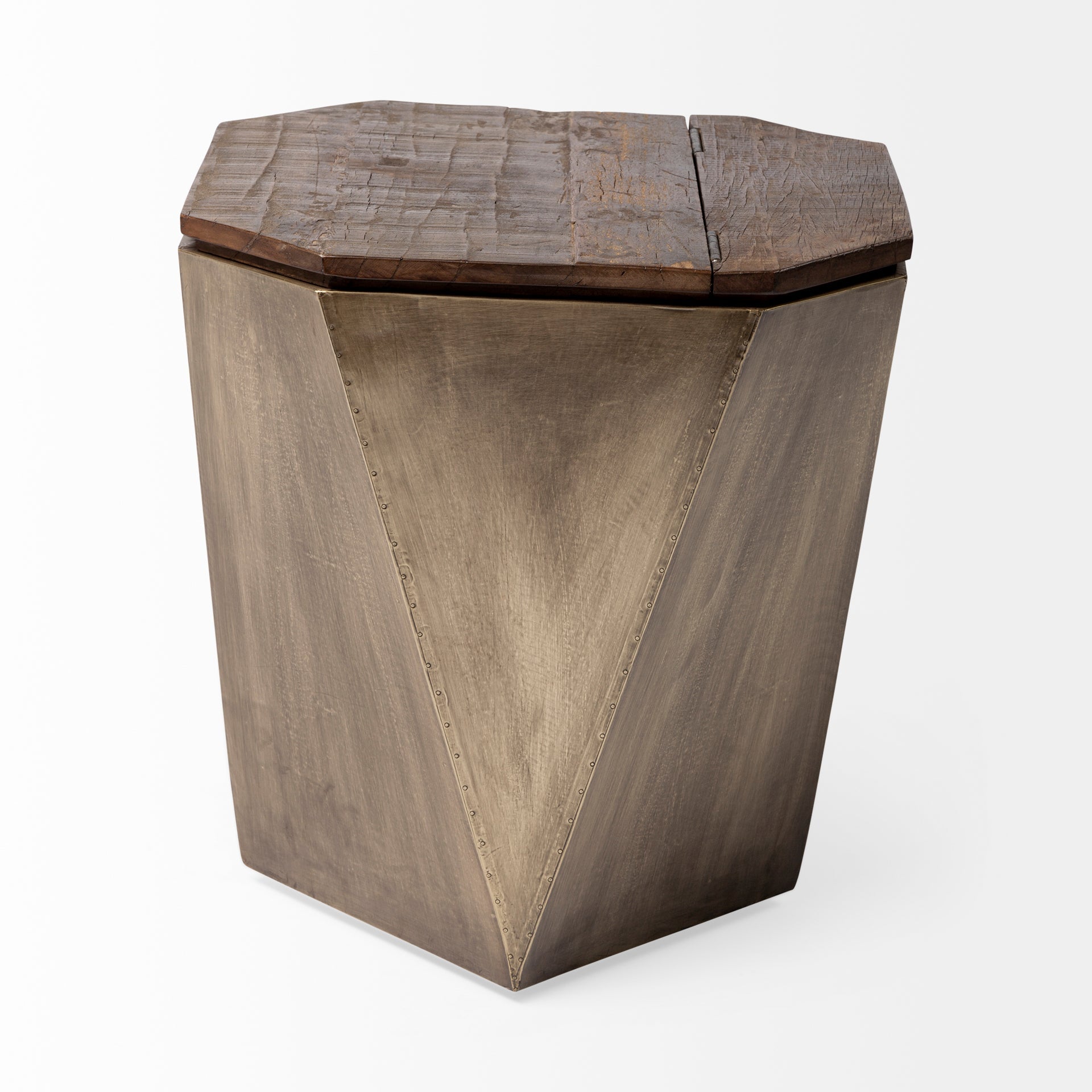 Esagono geometric end table in white wash reclaimed wood