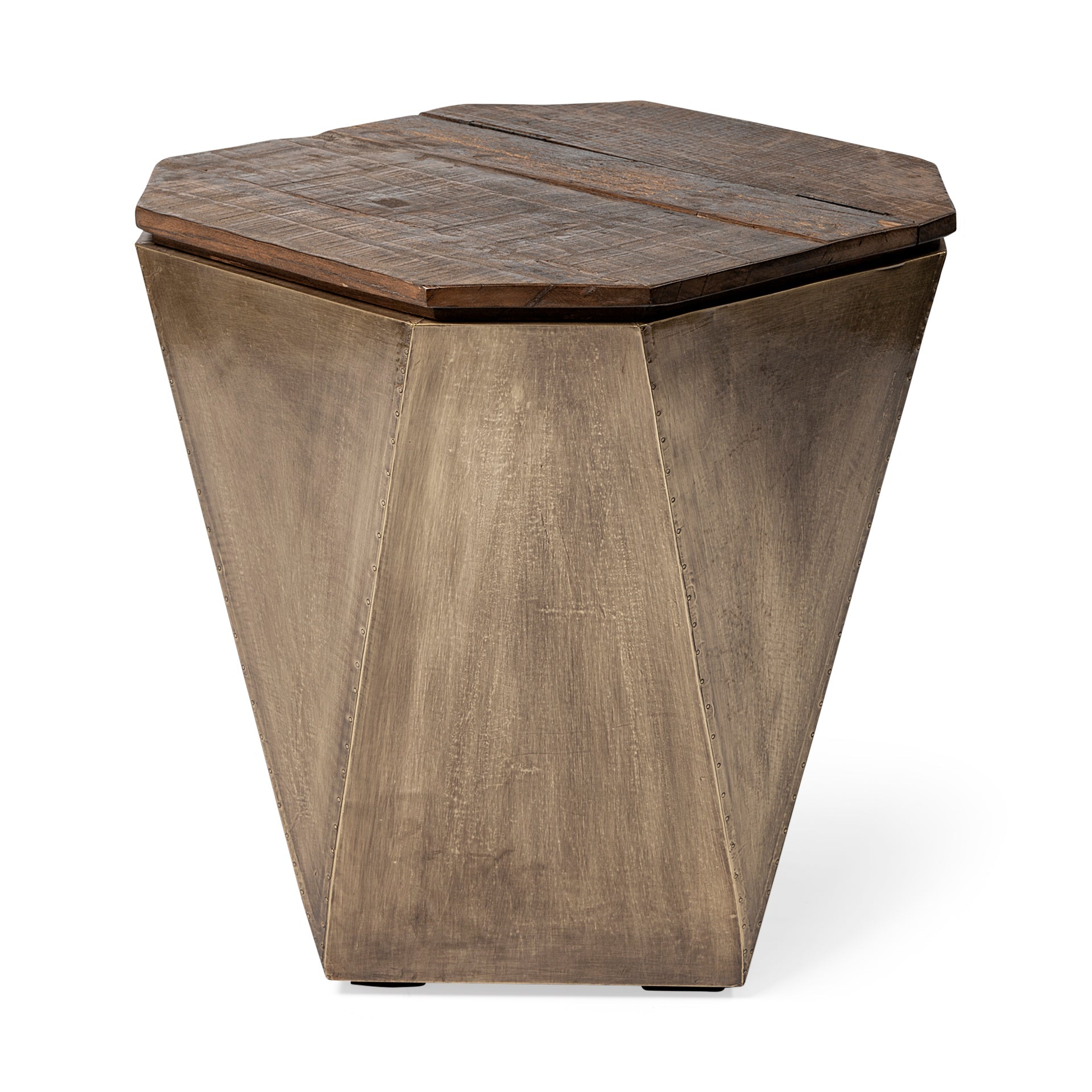 Esagono geometric end table in white wash reclaimed wood