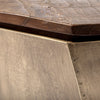 Detail of metal base and wood lid junction on side table