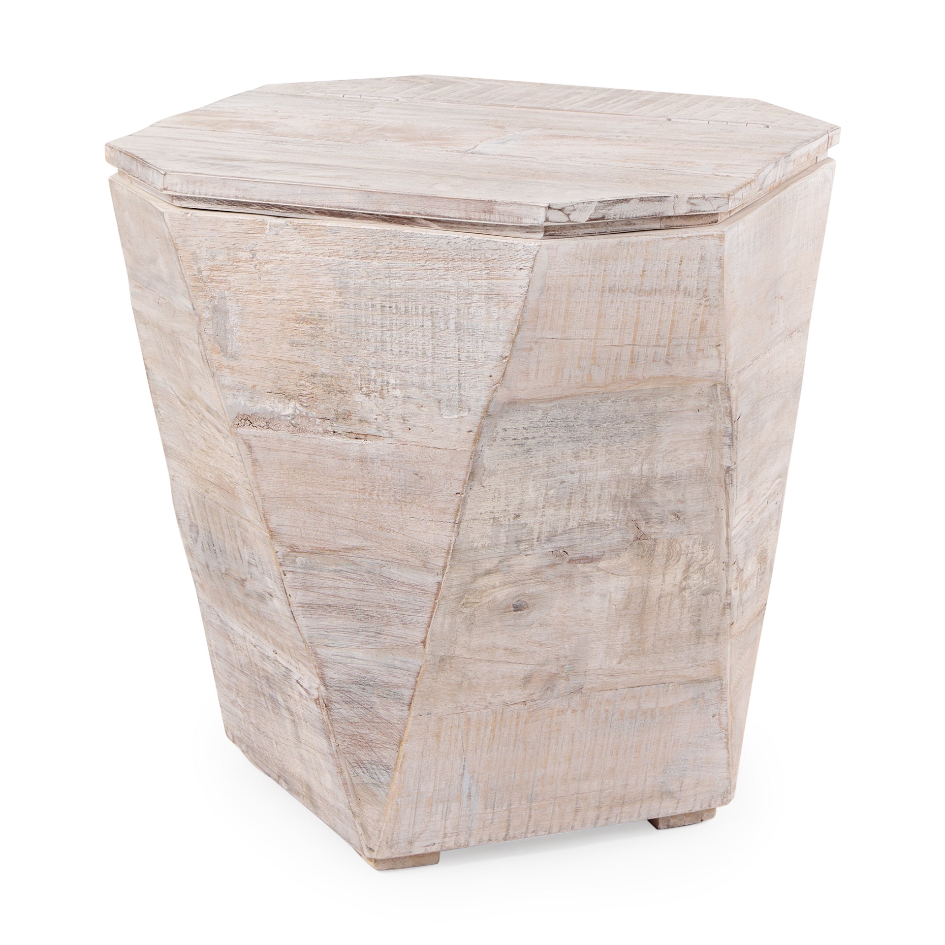 Esagono geometric end table in white wash reclaimed wood