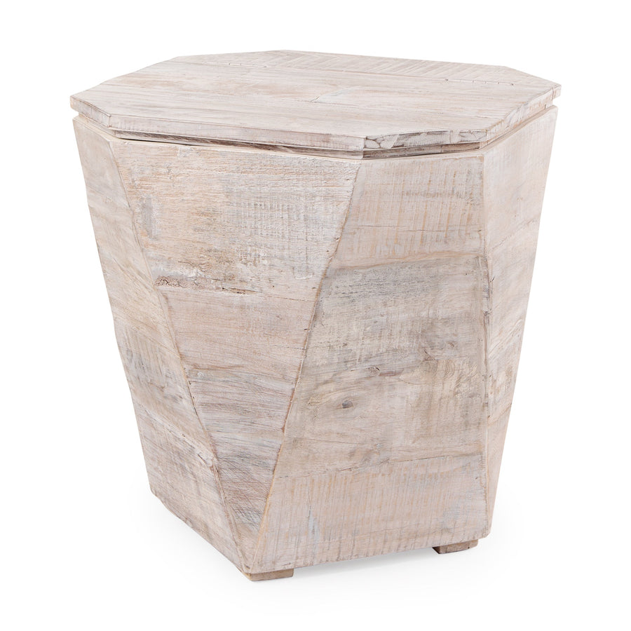 Esagono geometric end table in white wash reclaimed wood