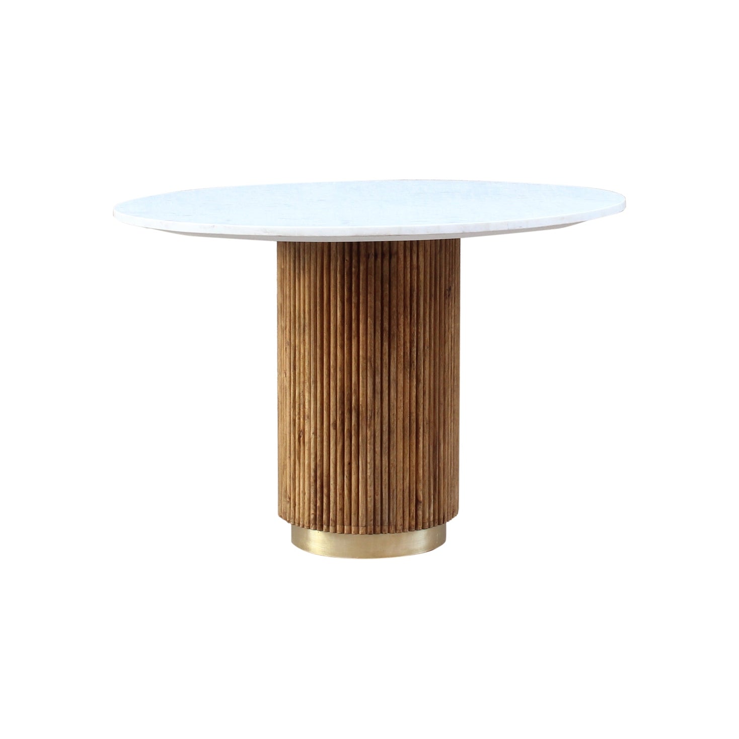 Front view of the Fifi round dining table featuring a sleek white marble top and a decorative fluted wood pedestal base with a gold metal plinth