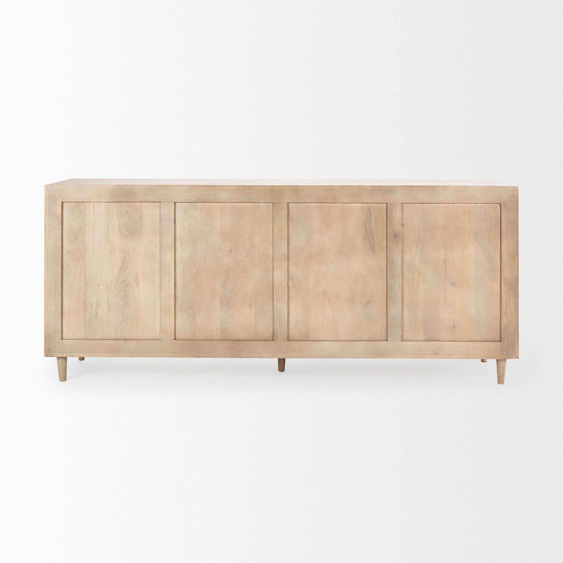 Front view of the Tucker sideboard featuring a natural light wash finish and four doors with elegant recessed arched panel details