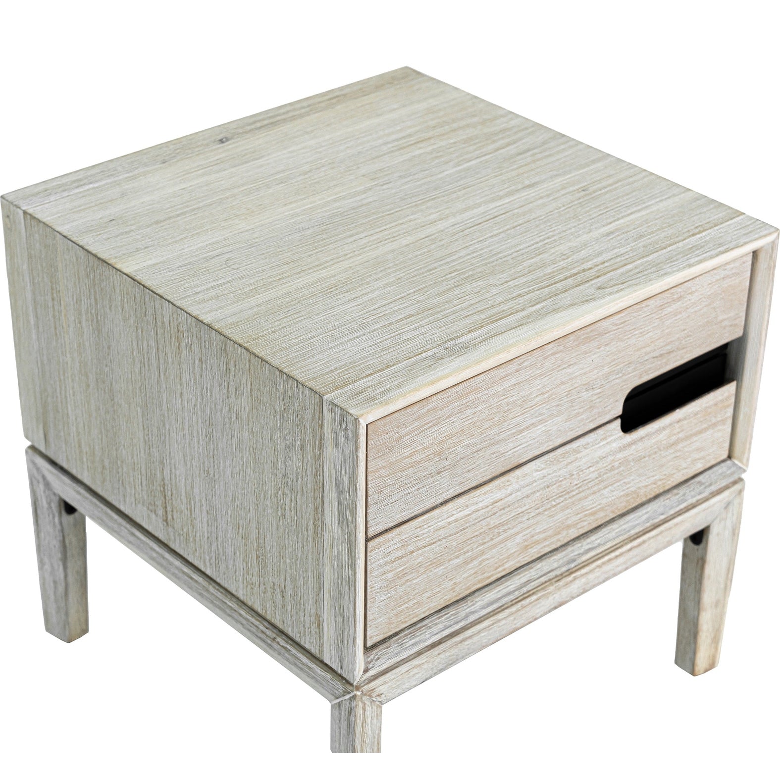 Gemini side table in white wash oak with black handle detail