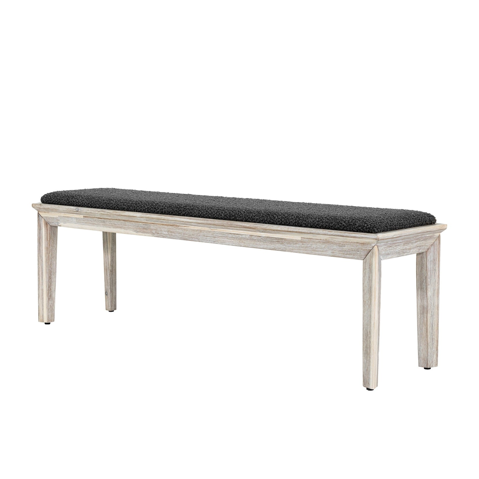 Front view of the Gemini bench featuring a light wood seat and a black metal frame with an X-brace support