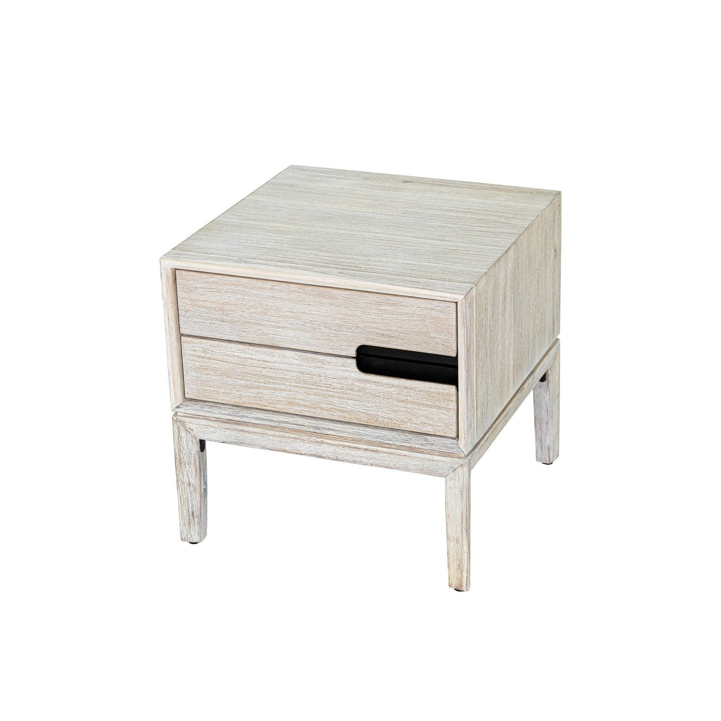Gemini side table in white wash oak with black handle detail