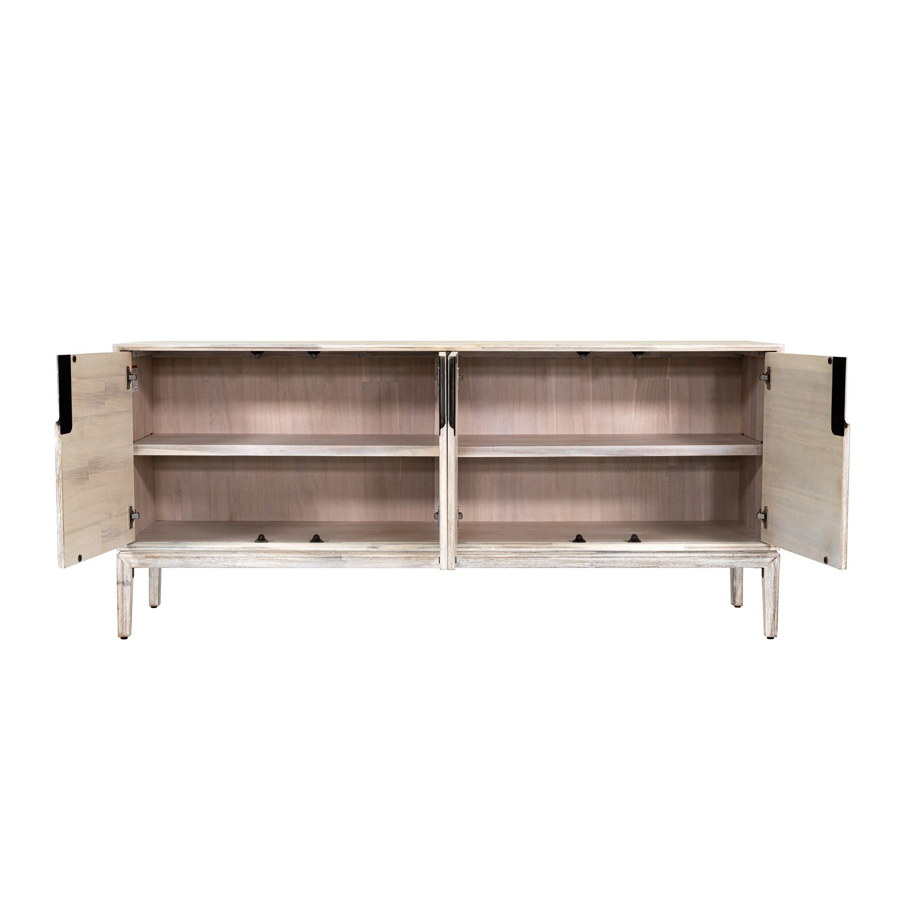 Straight-on front view of the Gemini sideboard featuring a light whitewashed wood finish and four handle-free cabinet doors