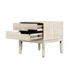Solid wood bedside table with two drawers open showing storage