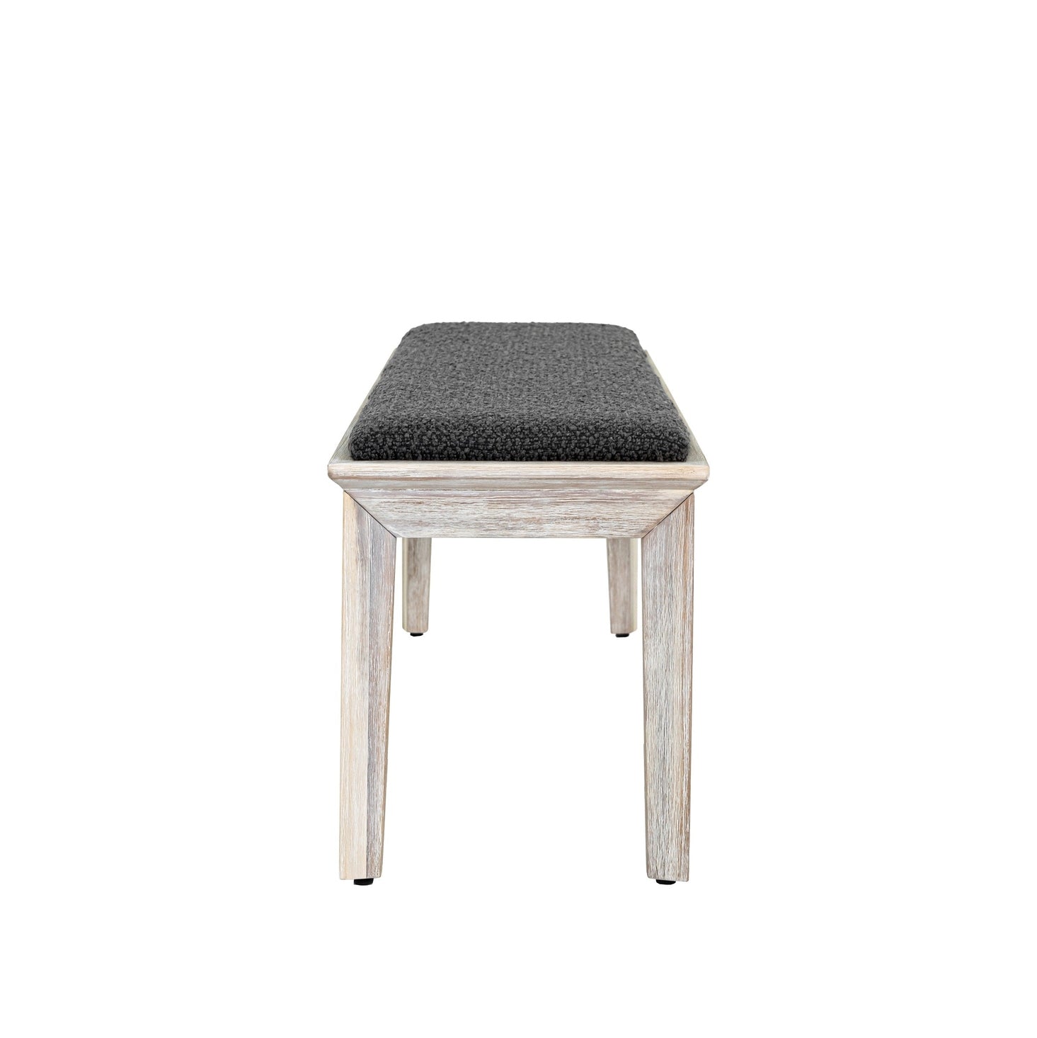 Front view of the Gemini bench featuring a light wood seat and a black metal frame with an X-brace support
