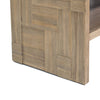 Macro shot focusing on the decorative interlocking wood block pattern and natural mineral streaks of the side panels