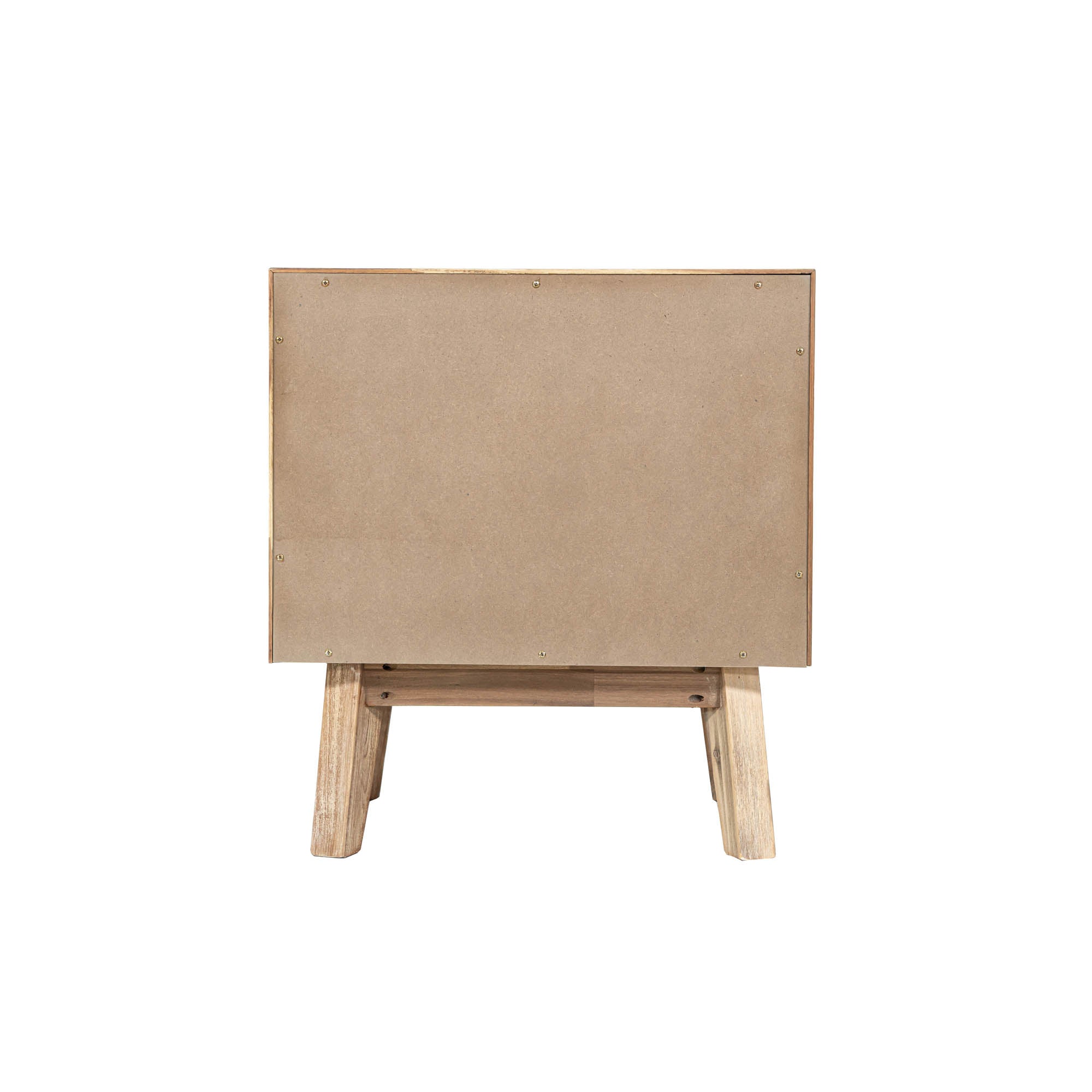 Front view of the Gia 2-drawer nightstand featuring a weathered light oak finish and architectural tapered solid wood legs