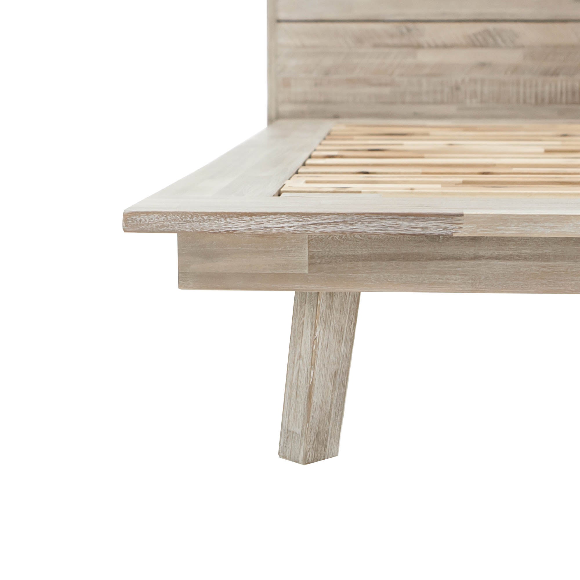 Front view of the Gia platform bed featuring a clean-lined headboard with horizontal wood planks in a weathered light oak finish