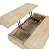Close-up view looking into the storage well of the Gia table to show the depth and wood interior