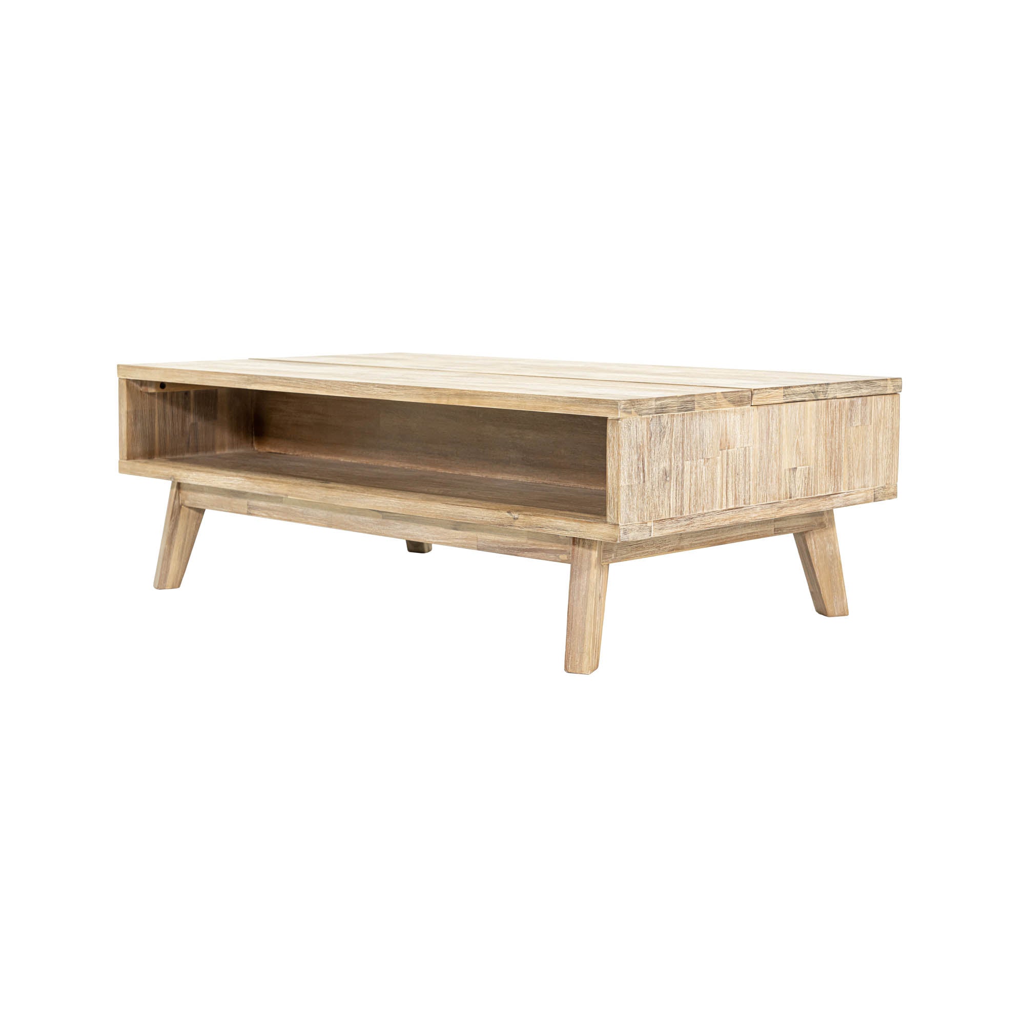Front view of the Gia coffee table with the natural mango wood top lifted to reveal an internal storage compartment