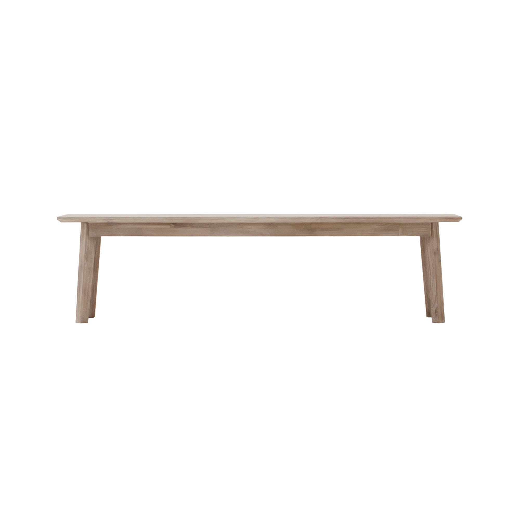 Front view of the Gia bench featuring a light weathered wood finish, rectangular top, and minimalist tapered legs