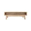 Straight-on front view of the Gia coffee table in its closed position featuring an open lower shelf for easy access