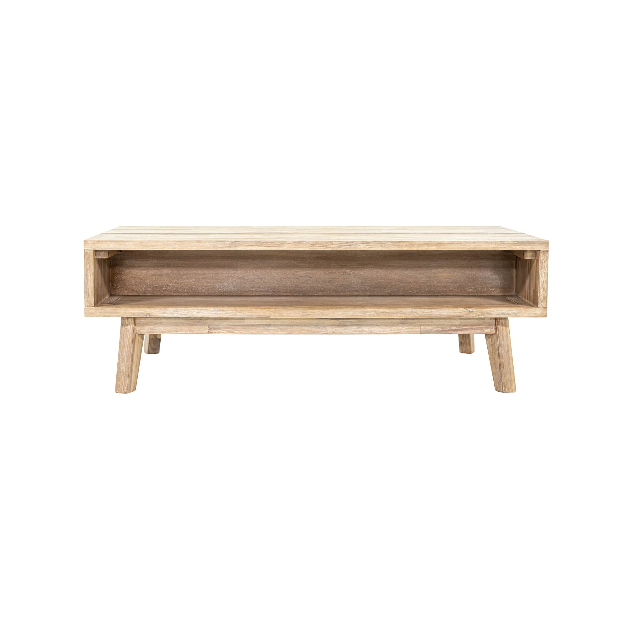 Front view of the Gia coffee table with the natural mango wood top lifted to reveal an internal storage compartment