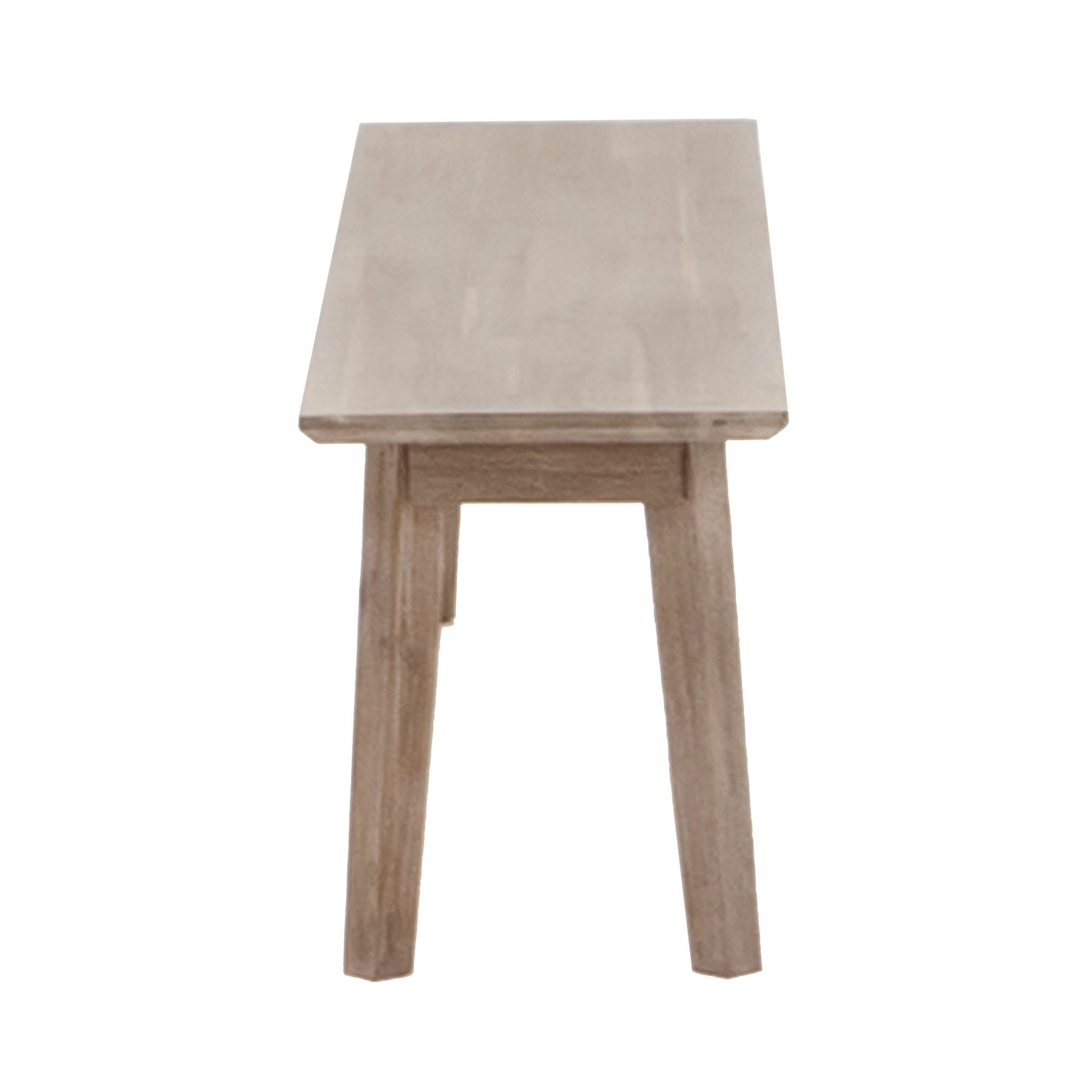Front view of the Gia bench featuring a light weathered wood finish, rectangular top, and minimalist tapered legs