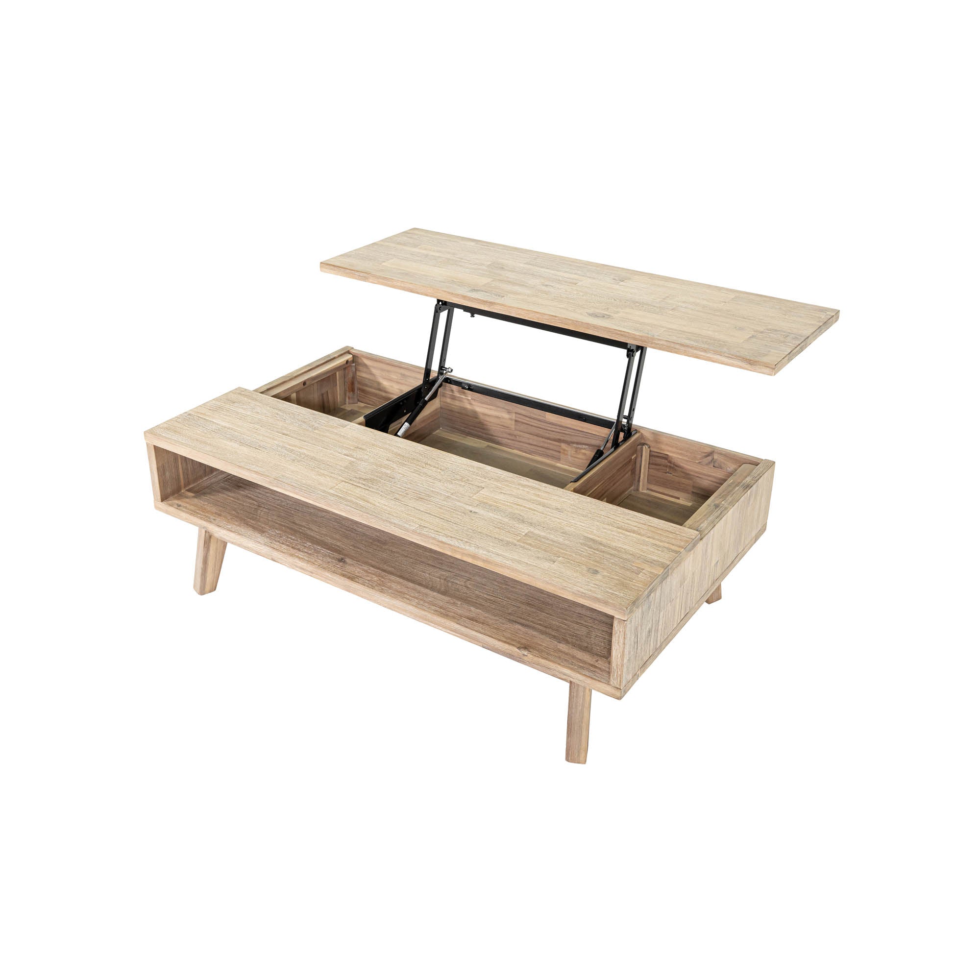 Front view of the Gia coffee table with the natural mango wood top lifted to reveal an internal storage compartment