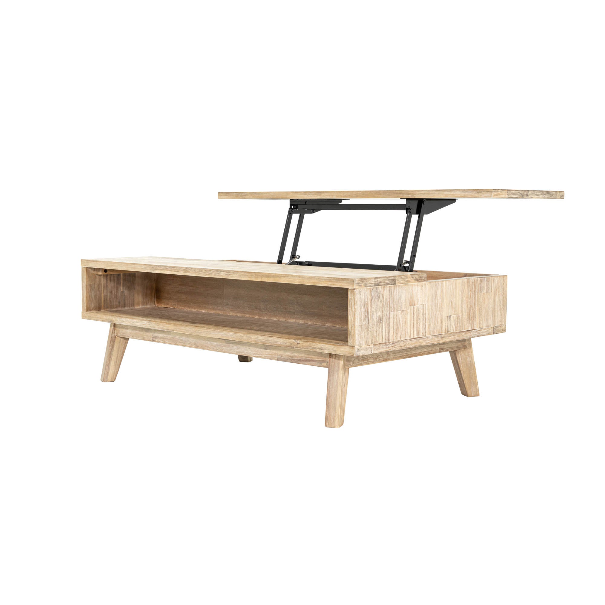 Front view of the Gia coffee table with the natural mango wood top lifted to reveal an internal storage compartment
