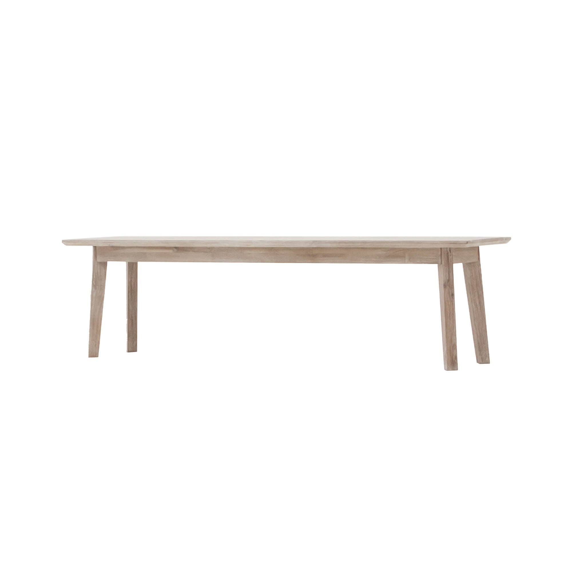 Front view of the Gia bench featuring a light weathered wood finish, rectangular top, and minimalist tapered legs
