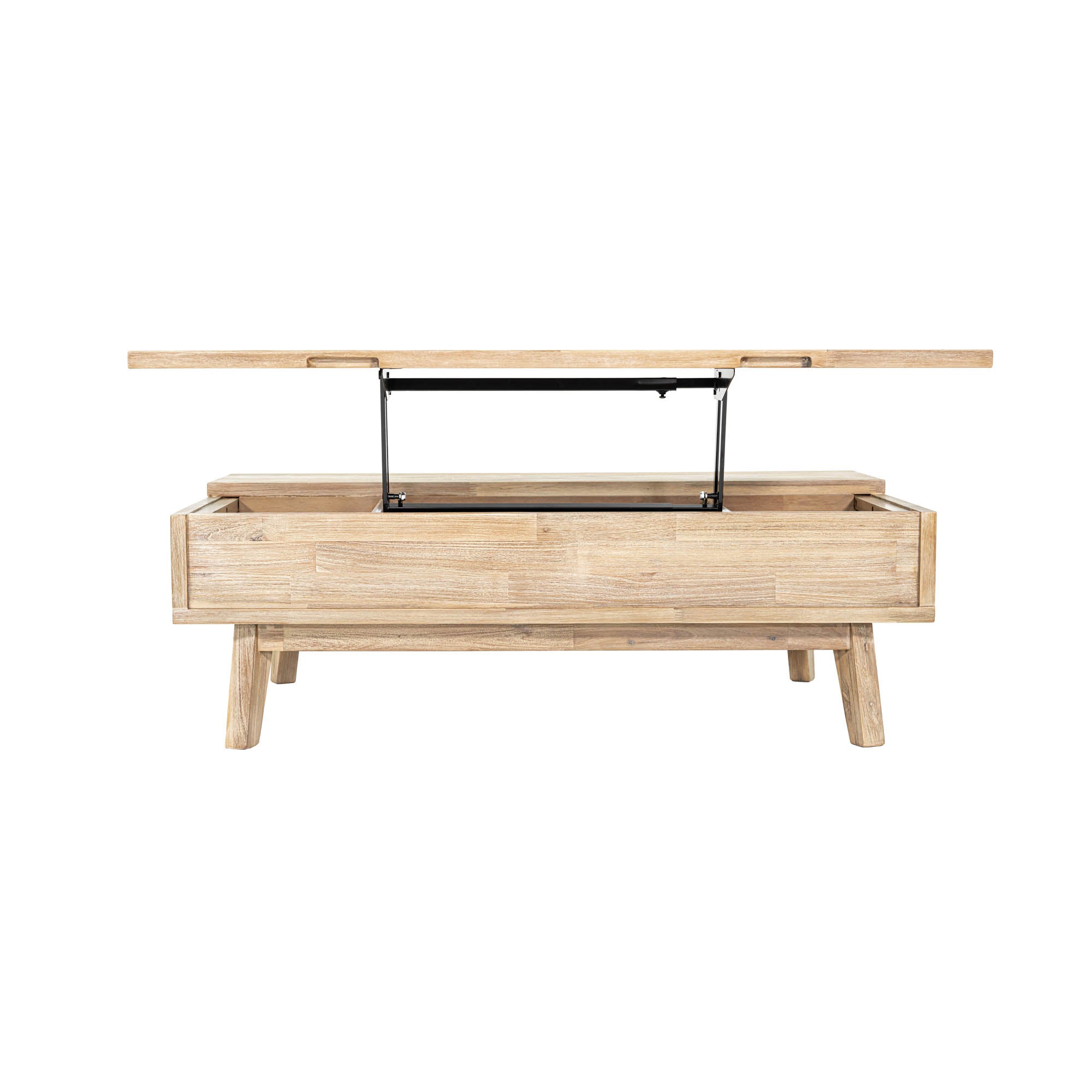Front view of the Gia coffee table with the natural mango wood top lifted to reveal an internal storage compartment